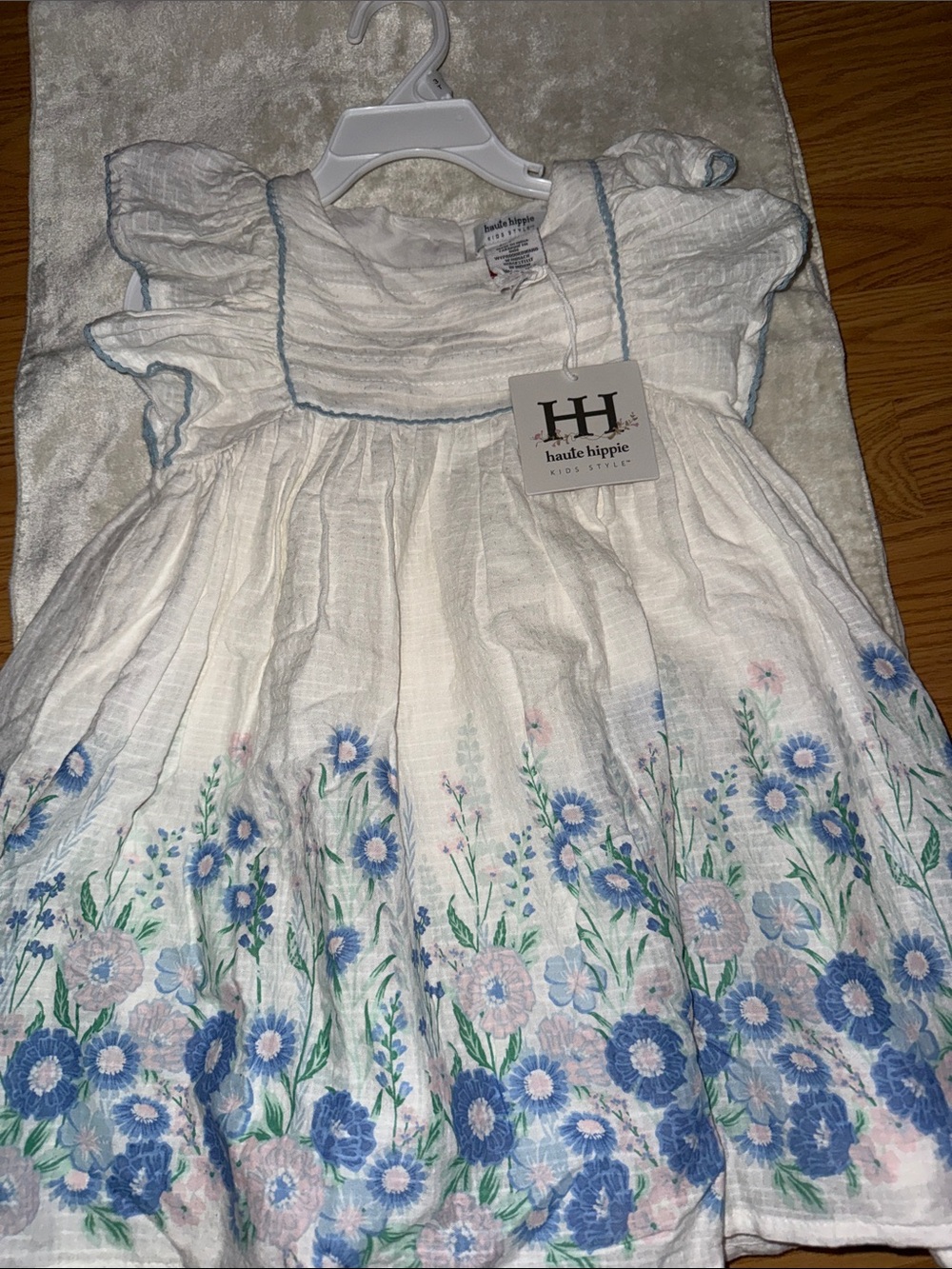 Haute Hippie White Cotton Dress with Blue and Pink Floral Border